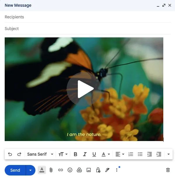 Embed a video in email with a video thumbnail of a butterfly