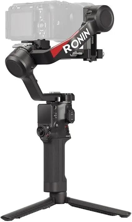 DJI RS 3 Mini 3-axis motorized gimbal stabilizer with camera mount, showing the handheld grip and control panel for smooth video recording.