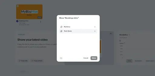A modal window presents the option to move a video into Vimeo’s Team library.