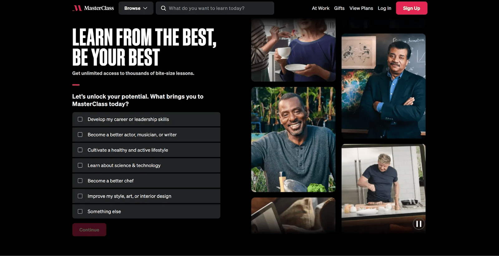 The MasterClass homepage starts with the headline, “Learn from the best, be your best.”