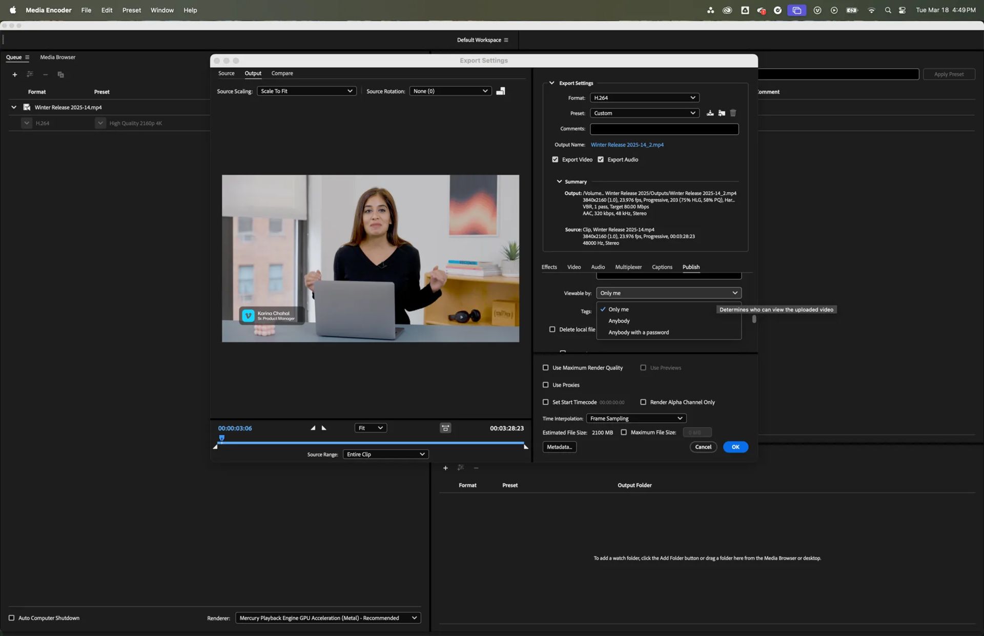 Adobe Media Encoder video privacy settings