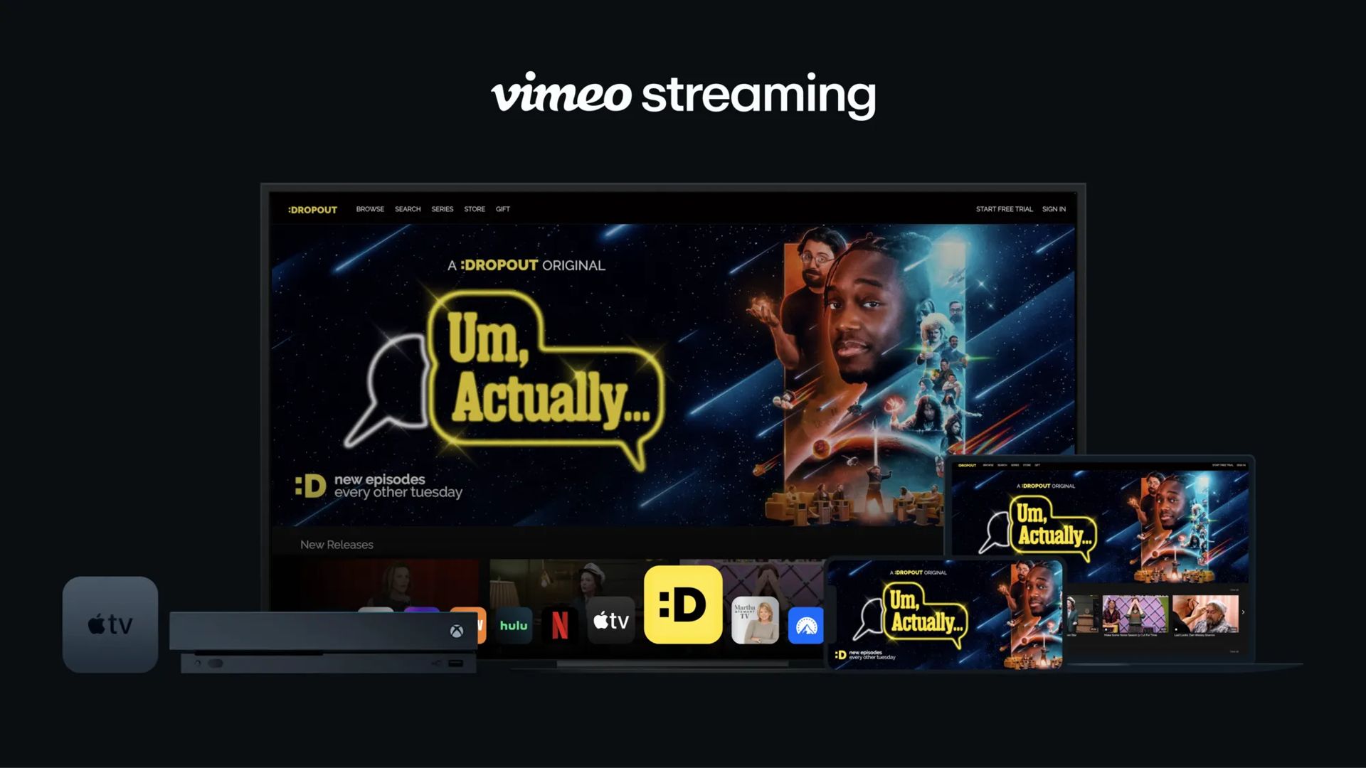 A view of Vimeo Streaming showing icons representing different streaming content that includes Um, Actually