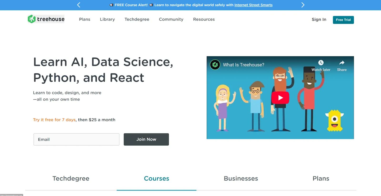 The Treehouse homepage starts with the headline, “Learn AI, Data Science, Python, and React.”