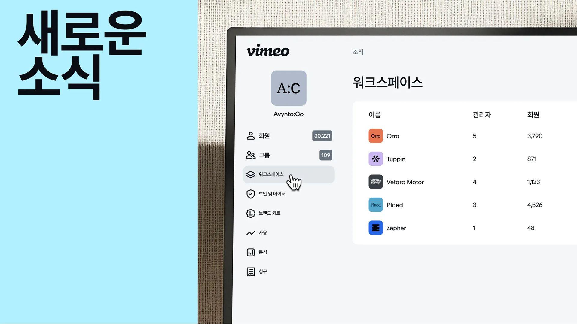 Vimeo 워크스페이스 UI