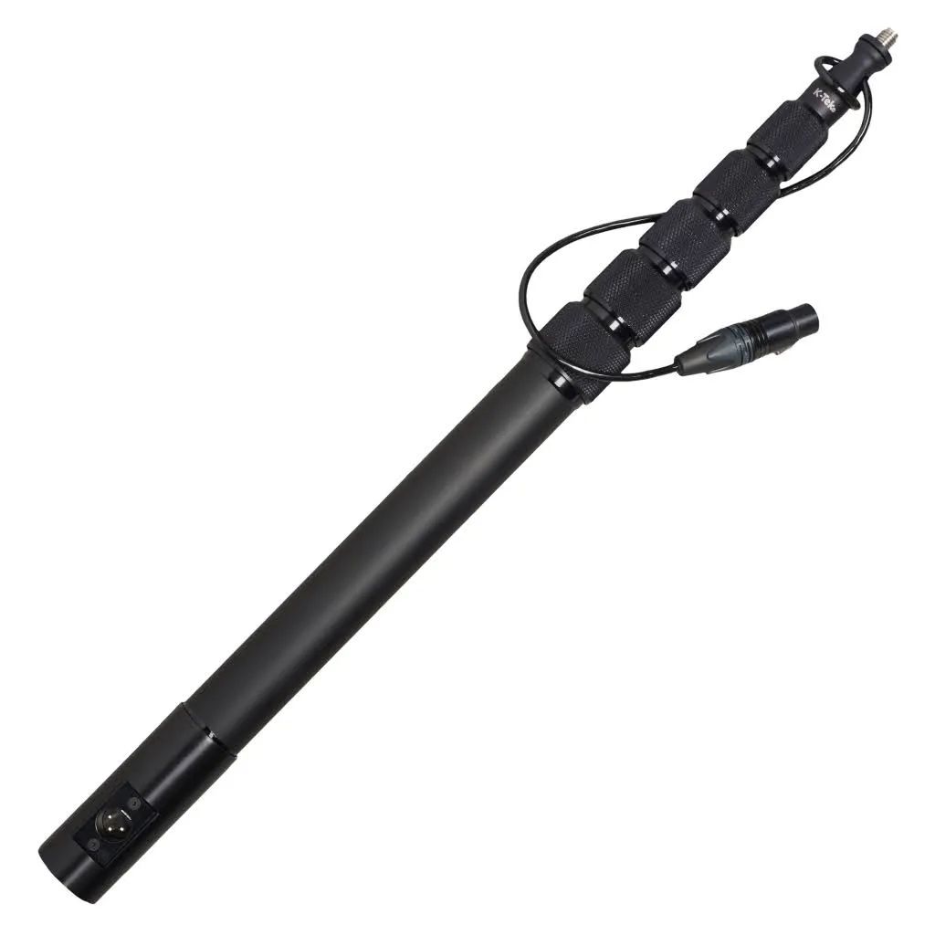 Professional K-Tek boom pole microphone mount extended to show telescoping construction with shock mount attachment.