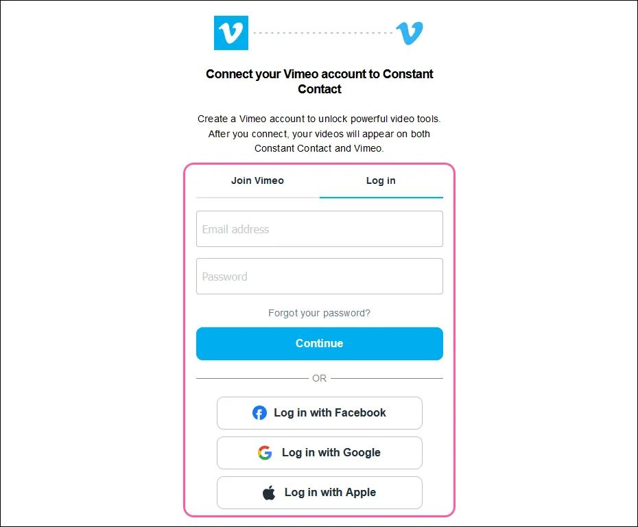Logging in Vimeo and connecting to Constant Contact