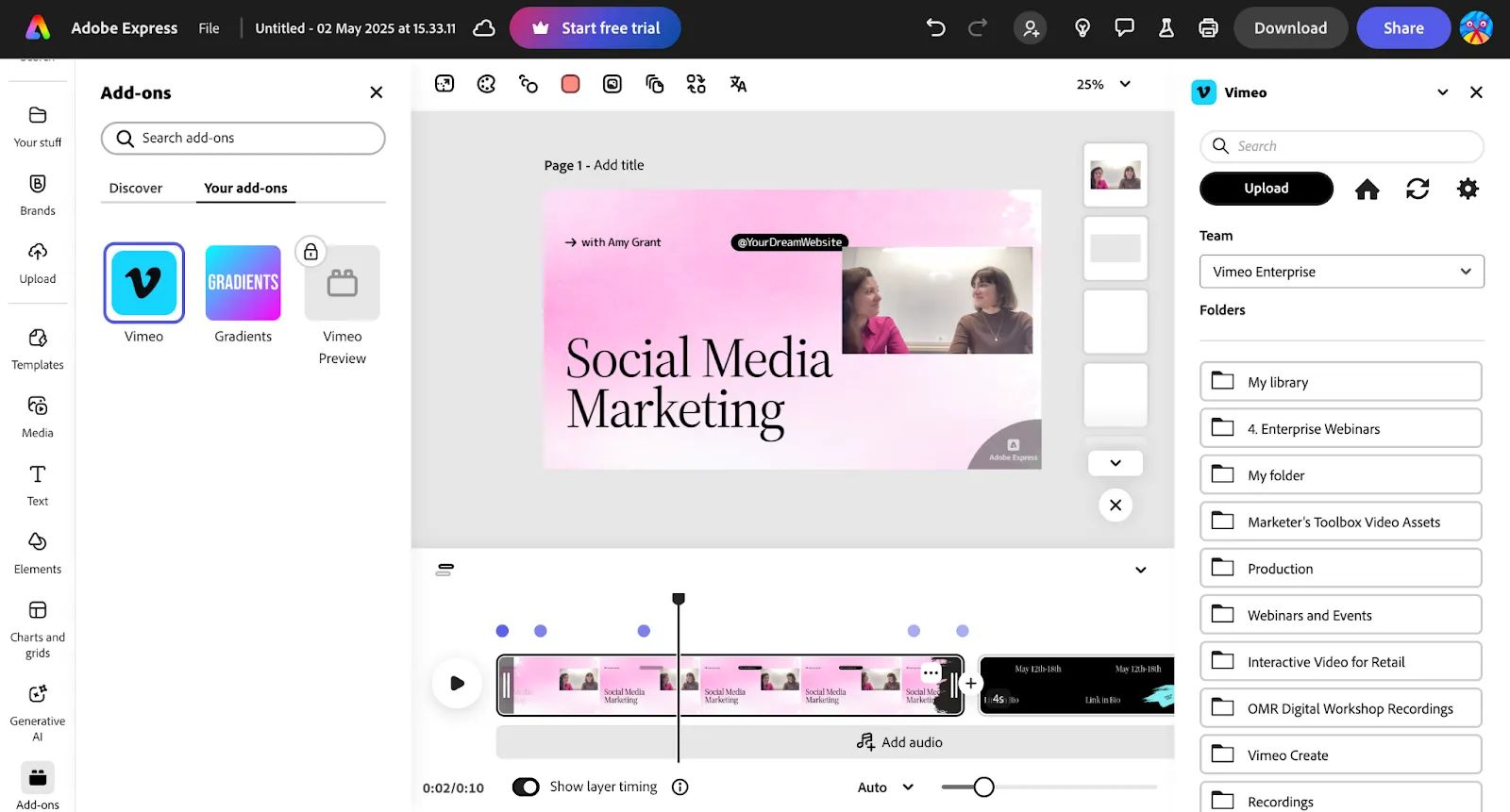 The Adobe Express tool shows a presentation called “Social Media Marketing,” with the Vimeo integration tab highlighted.