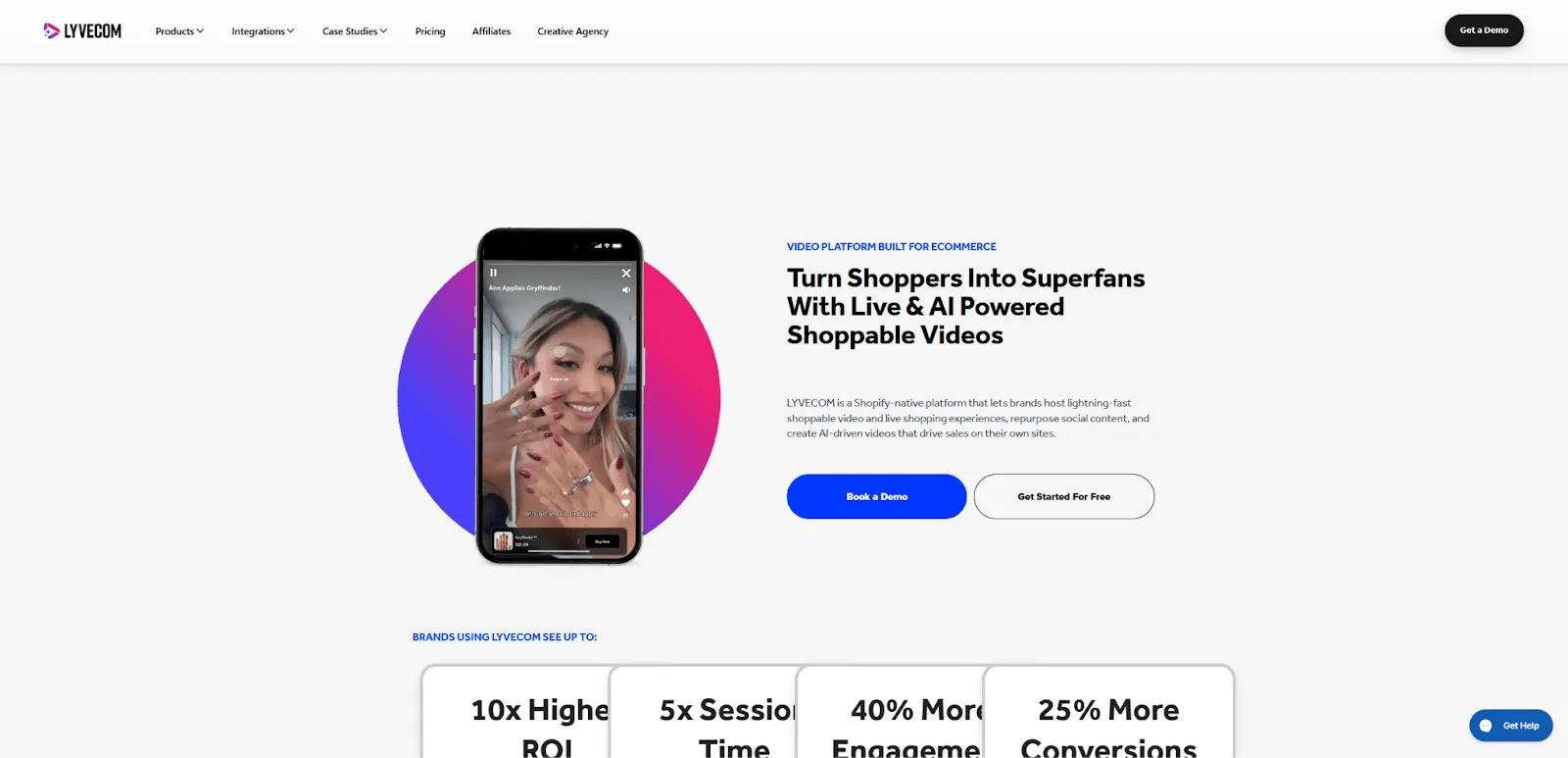 The LyveCom homepage begins with a demo of a shoppable video playing on a smartphone