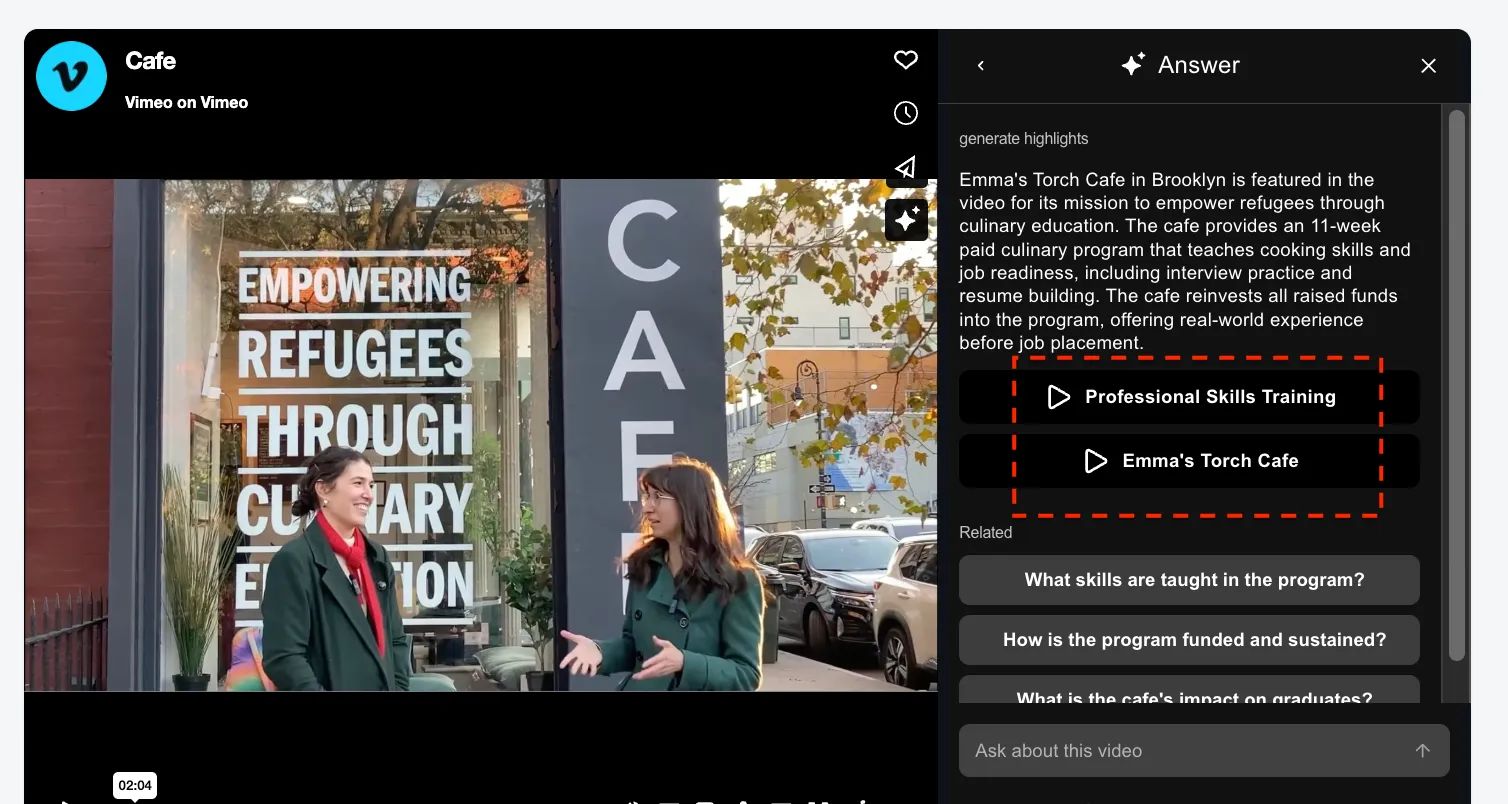 Vimeo AI's choices from generating highlight reels from a longer video.