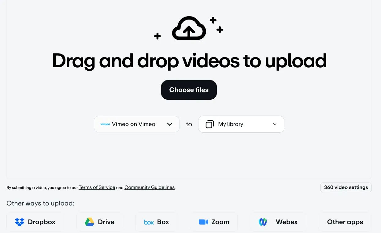 Vimeo upload screen with drag-and-drop interface and cloud icon.