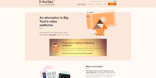 The PeerTube homepage begins with the headline, “An alternative to Big Tech’s video platforms.”