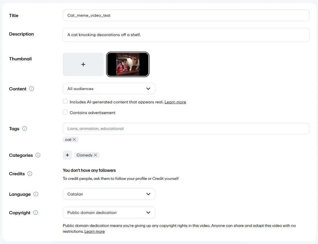 A screenshot from the Vimeo library, presenting the metadata for a cat meme video.