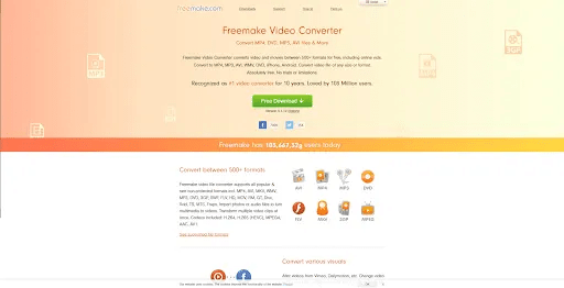 The Freemake Video Converter homepage has a download button, some information about the tool, and a ticker tracking how many users visited today