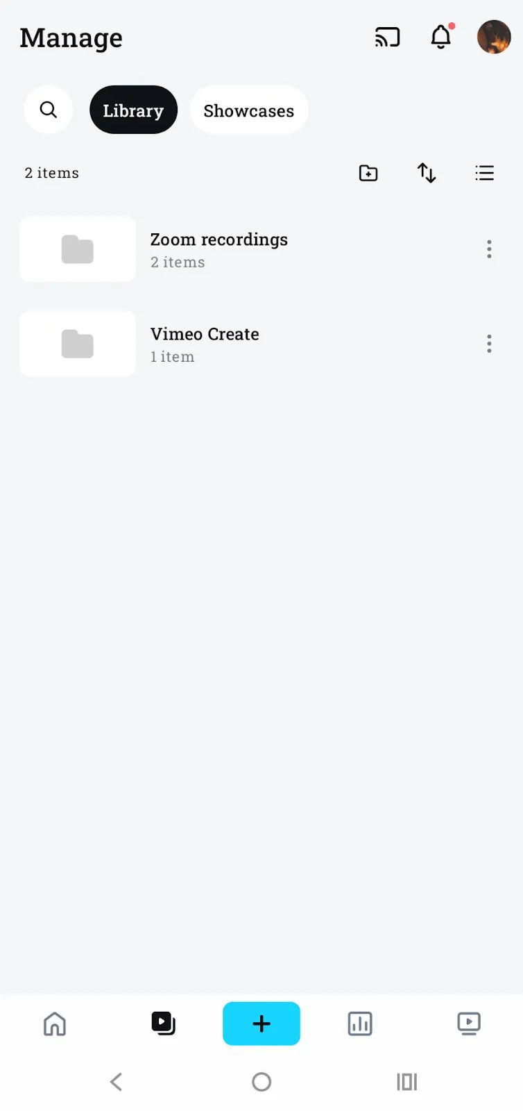 A Vimeo library with two folders, one for Zoom recordings.