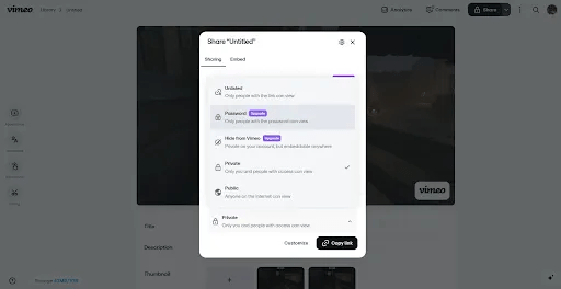 A screenshot of the video-sharing options within Vimeo