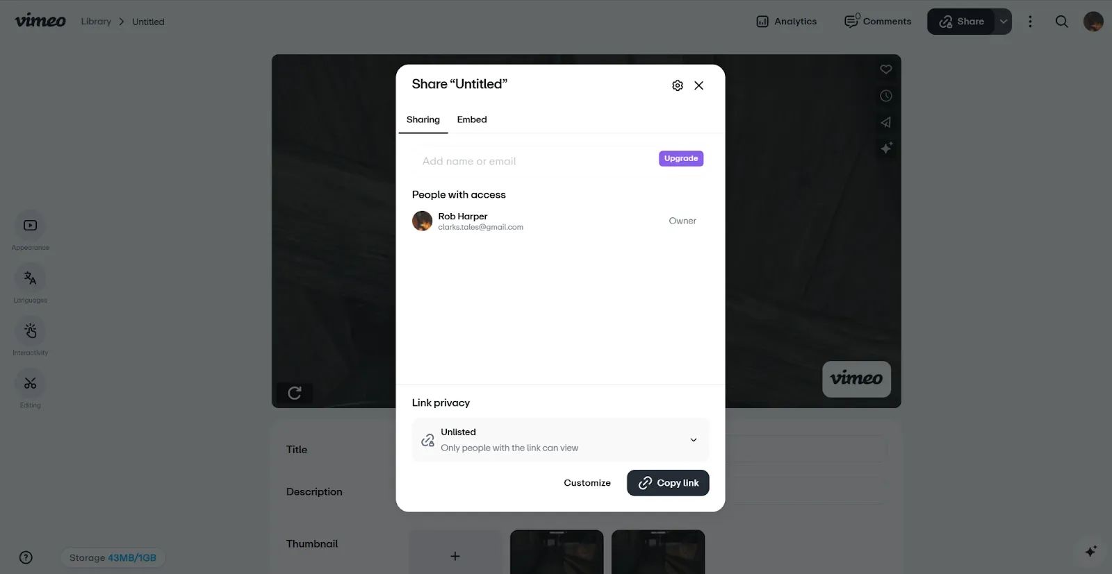 A screenshot of the video-sharing window within Vimeo