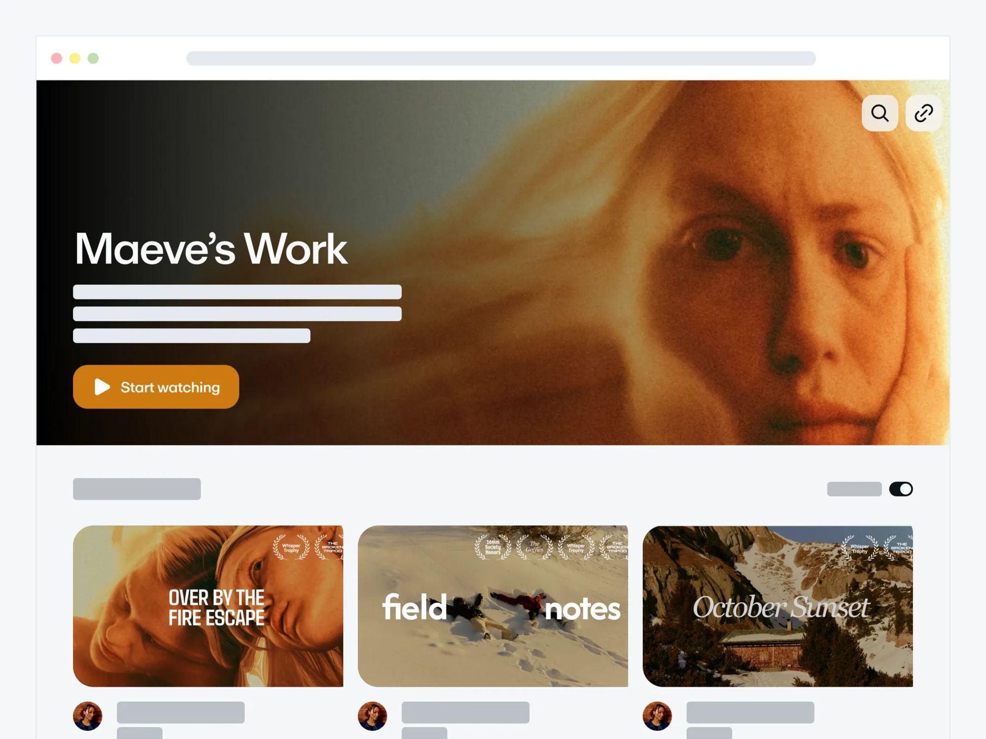 A video showcase of a creator named Maeve that says Maeve's work at the top above four embedded videos