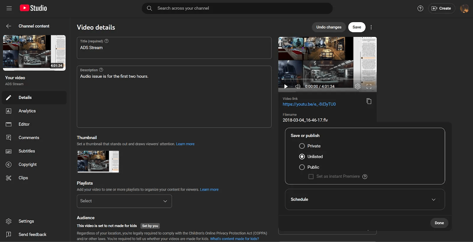 A screenshot of the YouTube Studio options for sharing videos as private, unlisted, or public