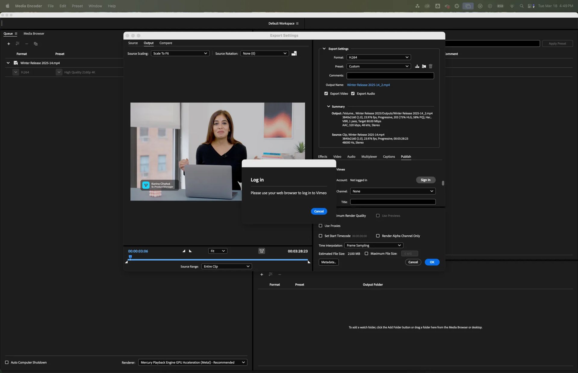 Logging in Vimeo and connecting to Adobe Media Encoder