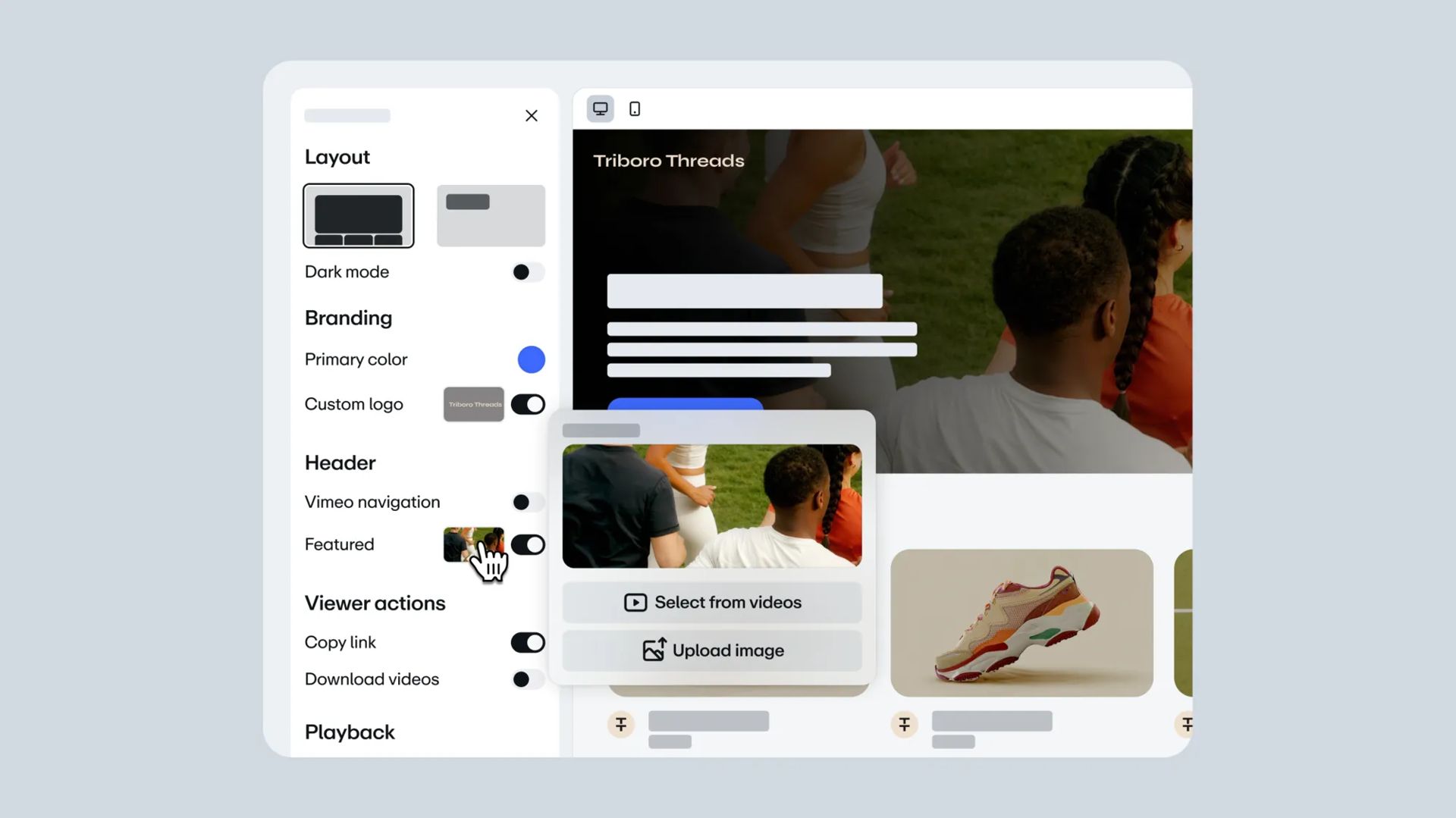 Vimeo Showcase interface showing appearance options menu