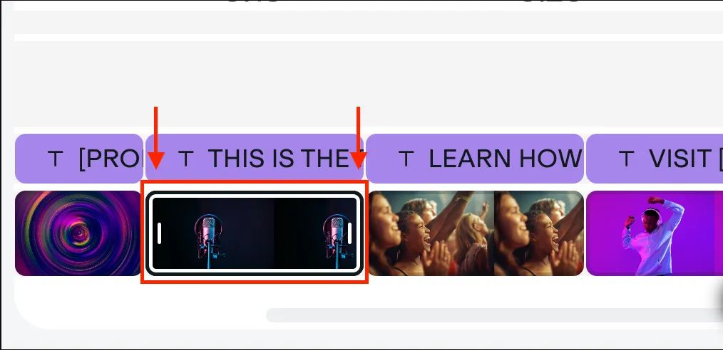 Timeline of video clips with arrows pointing to the video and text clip selected for editing. 