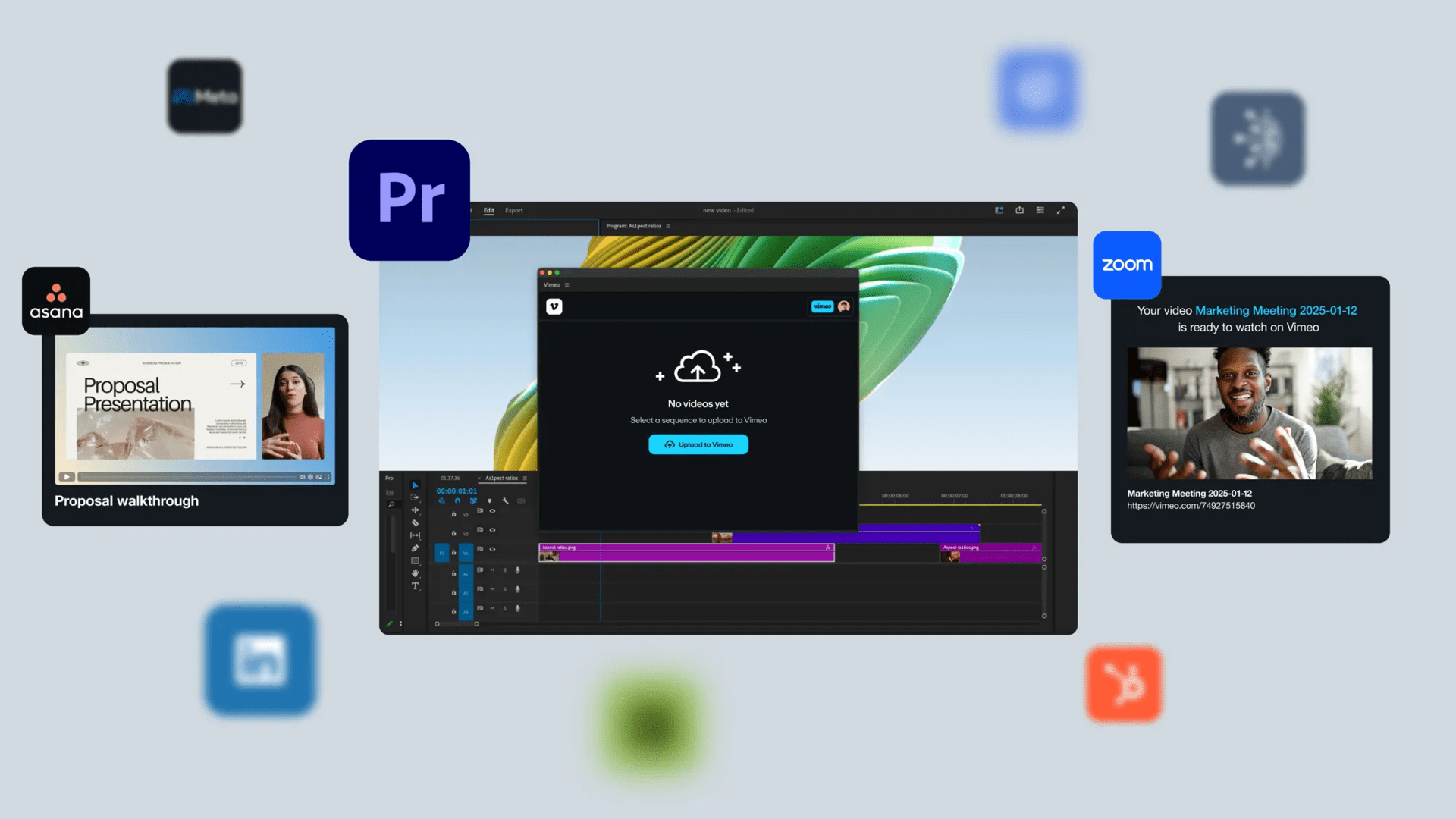 The Adobe Premiere Pro interface and logo are shown next to the Asana interface and logo and the Zoom interface and logo, alongside additional logos.