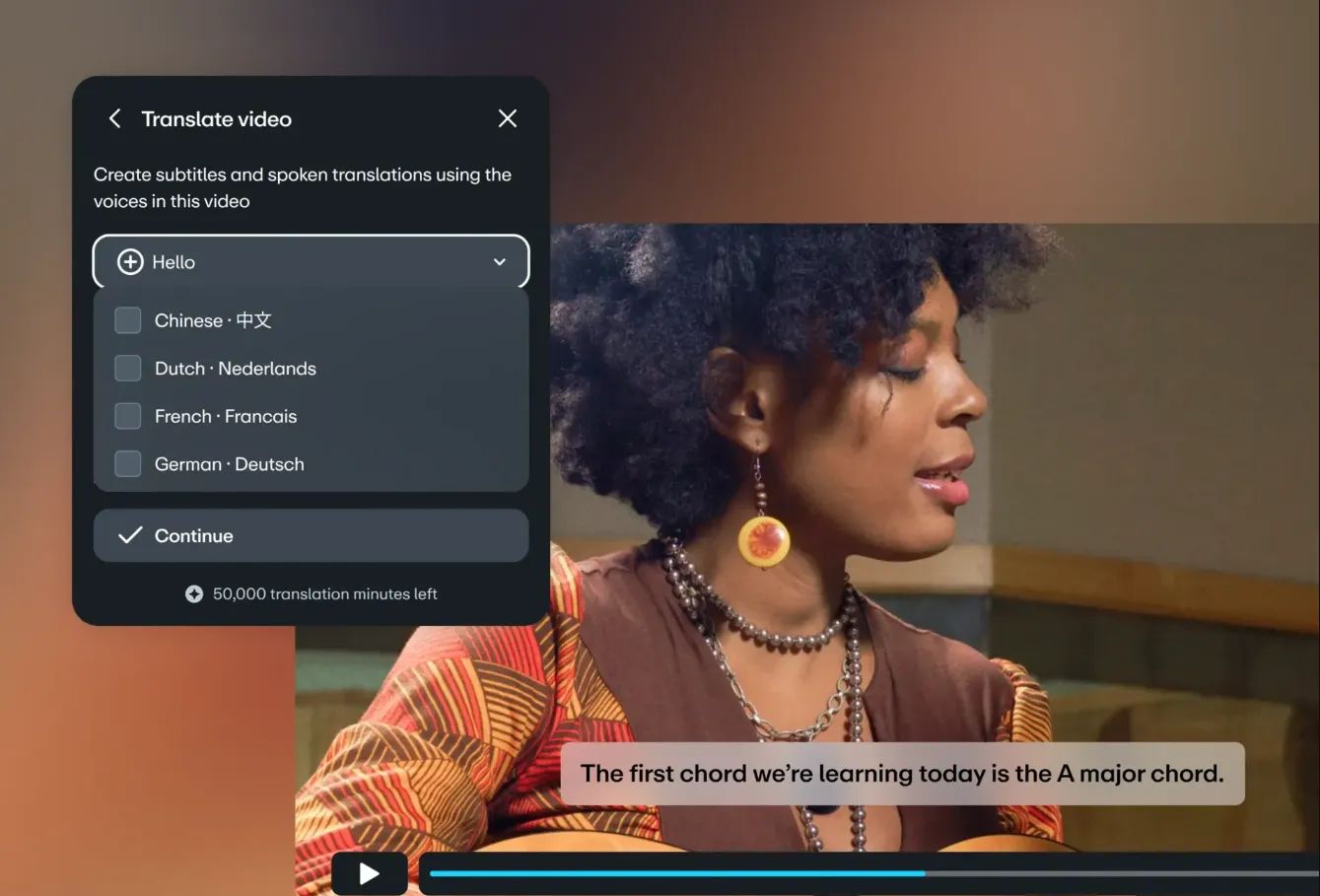 The Vimeo player shows the “Translate video” tab next to an image of a woman teaching music theory.