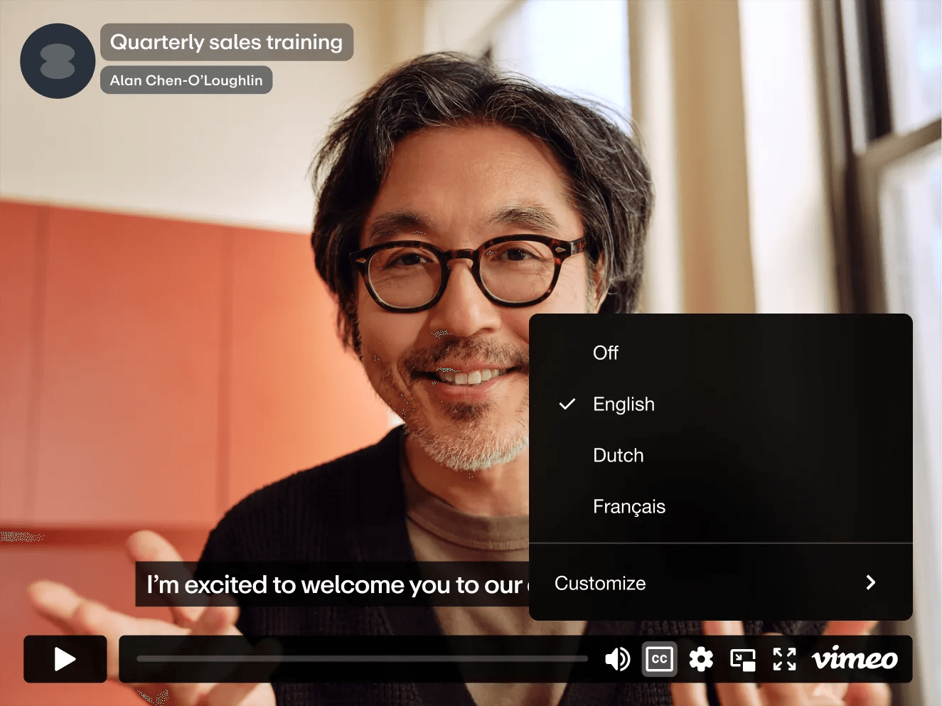 Vimeo translation options for a training video in English, Dutch, and French