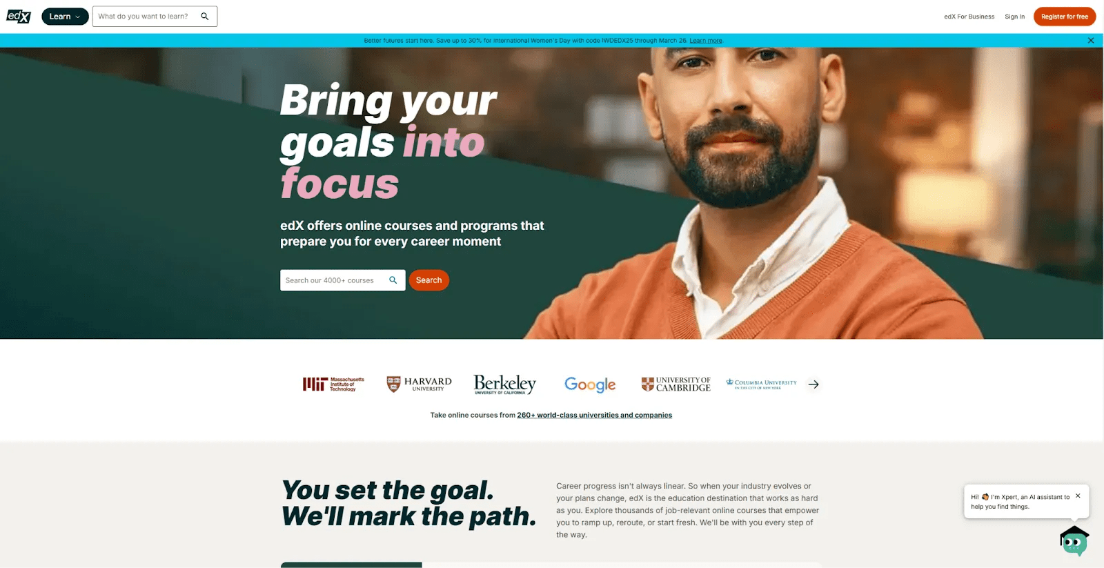 The edX homepage starts with the headline, “Bring your goals into focus.”